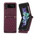 For Samsung Galaxy Z Flip4 5G Rhombic Texture RFID Phone Case with Lanyard & Mirror(Wine Red)