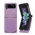For Samsung Galaxy Z Flip3 5G Rhombic Texture RFID Phone Case with Lanyard & Mirror(Purple)
