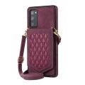 For Samsung Galaxy S20 FE Rhombic Texture RFID Phone Case with Lanyard & Mirror(Wine Red)