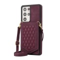 For Samsung Galaxy S21 Ultra 5G Rhombic Texture RFID Phone Case with Lanyard & Mirror(Wine Red)