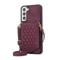For Samsung Galaxy S22+ 5G Rhombic Texture RFID Phone Case with Lanyard & Mirror(Wine Red)