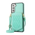 For Samsung Galaxy S22 5G Rhombic Texture RFID Phone Case with Lanyard & Mirror(Mint Green)