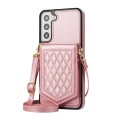 For Samsung Galaxy S22 5G Rhombic Texture RFID Phone Case with Lanyard & Mirror(Rose Gold)