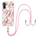 For Samsung Galaxy A14 5G Splicing Marble Flower IMD TPU Phone Case with Lanyard(Pink Flower)