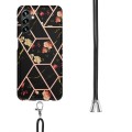For Samsung Galaxy A14 5G Splicing Marble Flower IMD TPU Phone Case with Lanyard(Black Flower)