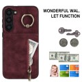 For Samsung Galaxy S23+ 5G Retro Ring and Zipper RFID Card Slot Phone Case(Wine Red)