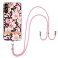 For Samsung Galaxy A34 5G Flowers and Plants Series IMD TPU Phone Case with Lanyard(Pink Gardenia)