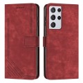For Samsung Galaxy S21 Ultra 5G Skin Feel Stripe Pattern Leather Phone Case with Lanyard(Red)