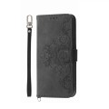 For Honor 100 Pro Skin-feel Flowers Embossed Wallet Leather Phone Case(Black)