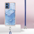 For Motorola Moto G34 Electroplating Marble Dual-side IMD Phone Case with Lanyard(Blue 018)