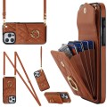 For iPhone 15 Pro Rhombic Texture Card Bag Phone Case with Long Lanyard(Brown)