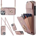 For iPhone 15 Plus Rhombic Texture Card Bag Phone Case with Long Lanyard(Rose Gold)