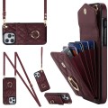 For iPhone 15 Plus Rhombic Texture Card Bag Phone Case with Long Lanyard(Wine Red)