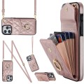 For iPhone 15 Rhombic Texture Card Bag Phone Case with Long Lanyard(Rose Gold)