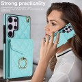 For Samsung Galaxy S23 Ultra 5G Rhombic Texture Card Bag Phone Case with Long Lanyard(Mint Green)
