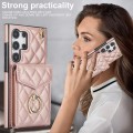 For Samsung Galaxy S24 Ultra 5G Rhombic Texture Card Bag Phone Case with Long Lanyard(Rose Gold)