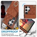 For Samsung Galaxy S24 Ultra 5G Rhombic Texture Card Bag Phone Case with Long Lanyard(Brown)