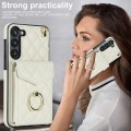 For Samsung Galaxy S24 5G Rhombic Texture Card Bag Phone Case with Long Lanyard(White)