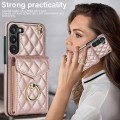 For Samsung Galaxy S24+ 5G Rhombic Texture Card Bag Phone Case with Long Lanyard(Rose Gold)
