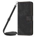 For OPPO A59 Skin Feel Stripe Pattern Leather Phone Case with Lanyard(Black)