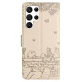 For Samsung Galaxy S22 Ultra Cat Embossing Pattern Leather Phone Case with Lanyard(Beige)