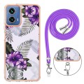For Motorola Moto G34 Electroplating IMD TPU Phone Case with Lanyard(Purple Flower)