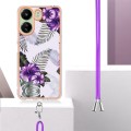 For Xiaomi Redmi 13C 4G Electroplating IMD TPU Phone Case with Lanyard(Purple Flower)