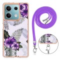 For Xiaomi Redmi Note 13 5G Global Electroplating IMD TPU Phone Case with Lanyard(Purple Flower)