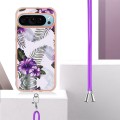 For Google Pixel 9 Pro Electroplating IMD TPU Phone Case with Lanyard(Purple Flower)