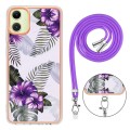 For Samsung Galaxy A05 Electroplating IMD TPU Phone Case with Lanyard(Purple Flower)