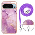 For Google Pixel 9 Pro Electroplating Marble Dual-side IMD Phone Case with Lanyard(Purple 001)