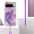 For Google Pixel 9 Pro Electroplating Marble Dual-side IMD Phone Case with Lanyard(Purple 002)
