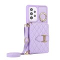 For Samsung Galaxy A53 5G Horizontal Card Bag Ring Holder Phone Case with Dual Lanyard(Purple)