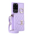 For Samsung Galaxy S20 Ultra Horizontal Card Bag Ring Holder Phone Case with Dual Lanyard(Purple)