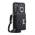 For Samsung Galaxy S21 5G Horizontal Card Bag Ring Holder Phone Case with Dual Lanyard(Black)