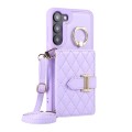 For Samsung Galaxy S21+ 5G Horizontal Card Bag Ring Holder Phone Case with Dual Lanyard(Purple)