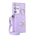 For Samsung Galaxy S23 Ultra 5G Horizontal Card Bag Ring Holder Phone Case with Dual Lanyard(Purple)