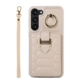 For Samsung Galaxy S21 FE 5G Vertical Card Bag Ring Holder Phone Case with Dual Lanyard(Beige)