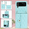 For Samsung Galaxy Z Flip4 Rhombic Texture Card Bag PU Phone Case with Long Lanyard(Mint Green)