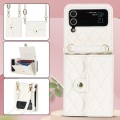 For Samsung Galaxy Z Flip4 Rhombic Texture Card Bag PU Phone Case with Long Lanyard(White)