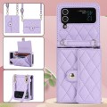 For Samsung Galaxy Z Flip3 Rhombic Texture Card Bag PU Phone Case with Long Lanyard(Purple)