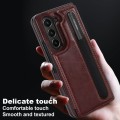 For Samsung Galaxy Z Fold5 Full Coverage Fold Double Buckle PU Phone Case with Pen Slots(Brown)