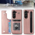 For Samsung Galaxy Z Fold5 Full Coverage Fold Double Buckle PU Phone Case with Pen Slots(Rose Gold)