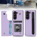 For Samsung Galaxy Z Fold5 Full Coverage Fold Double Buckle PU Phone Case with Pen Slots(Purple)