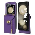 For Samsung Galaxy Z Flip5 Zipper Card Slots Folding Phone Case with Long Lanyard(Purple)