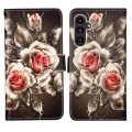 For Samsung Galaxy A15 Colored Drawing Pattern Plain Weave Leather Phone Case(Roses On Black)