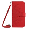 For Motorola Moto G34 5G HT04 Skin Feel Sun Flower Embossed Flip Leather Phone Case with Lanyard(Red