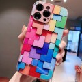 For iPhone 14 Plus Colorful Toy Bricks Pattern Shockproof Glass Phone Case(Pink)