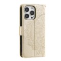 For iPhone 15 Pro Max Totem Flower Embossed Leather Phone Case(Gold)