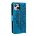 For iPhone 15 Plus Totem Flower Embossed Leather Phone Case(Blue)